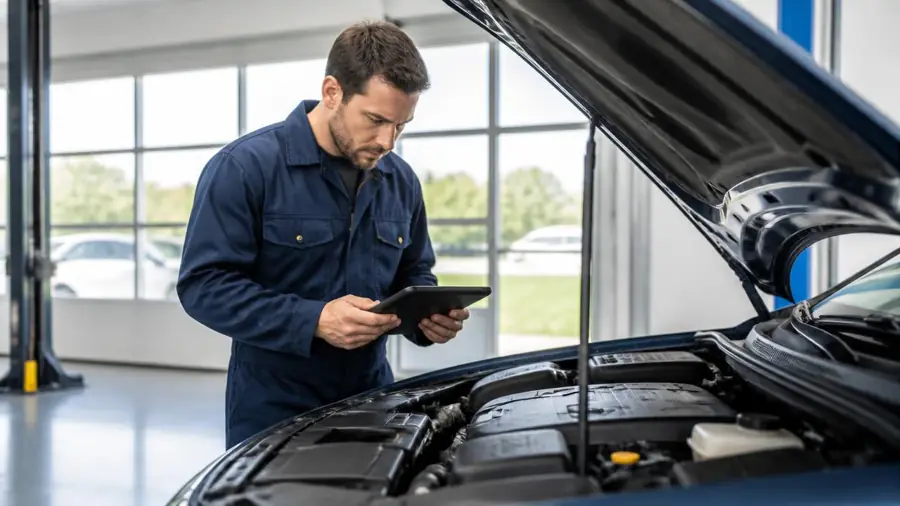 Τεχνικός της AutoGrats ελέγχει μεταχειρισμένο αυτοκίνητο με διαγνωστικό tablet
